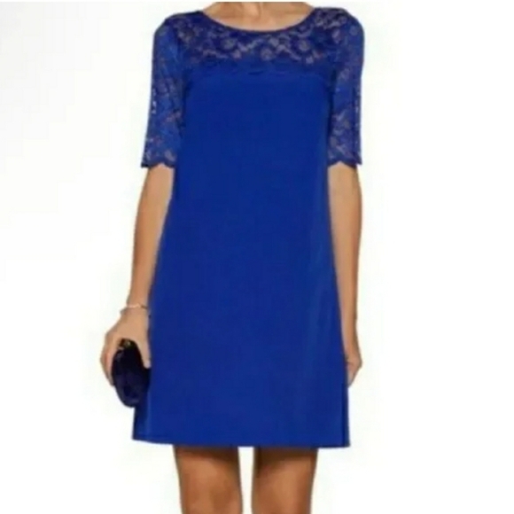 Badgley Mischka Belle Dress‎  Blue Lace Short Sleeve , Size 14 - Picture 2 of 13